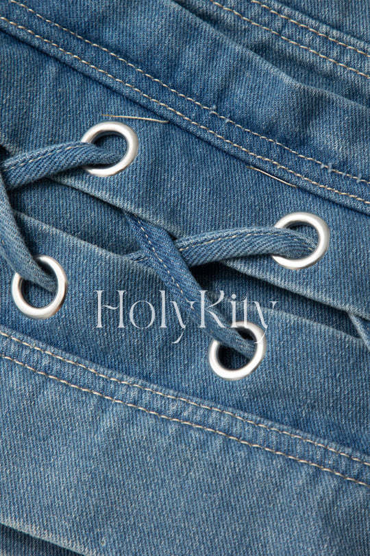Eyelet Tie Denim Mini Skirt