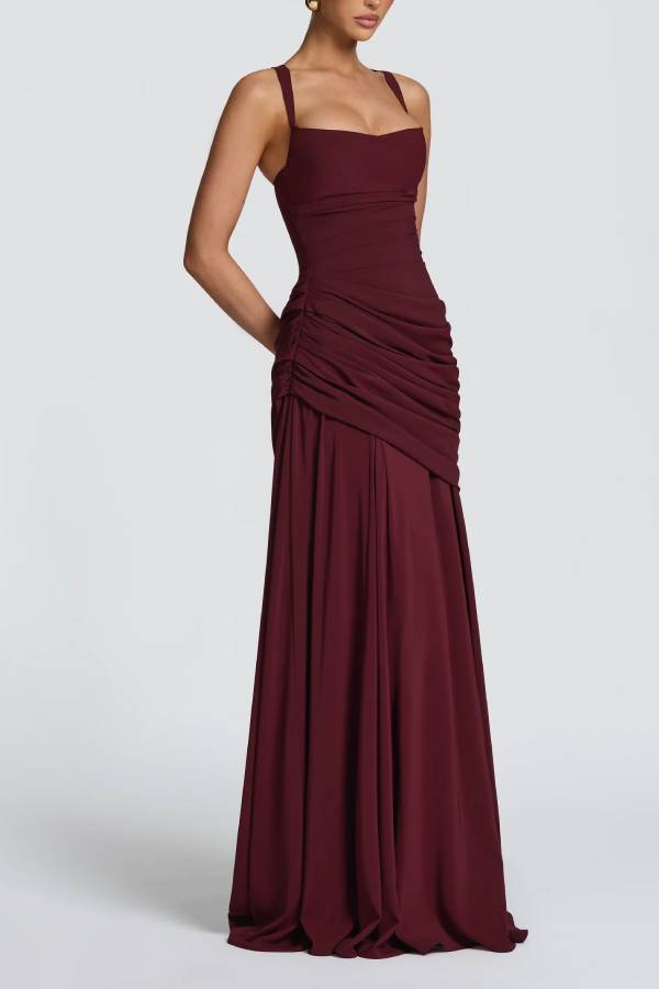 Stylish Spaghetti Strap Square Neck Slim-fit Elegant Pleated Maxi Dress