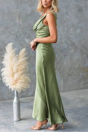 Chic Muse Satin Solid Color Cowl Neck Back Tie-up Maxi Dress