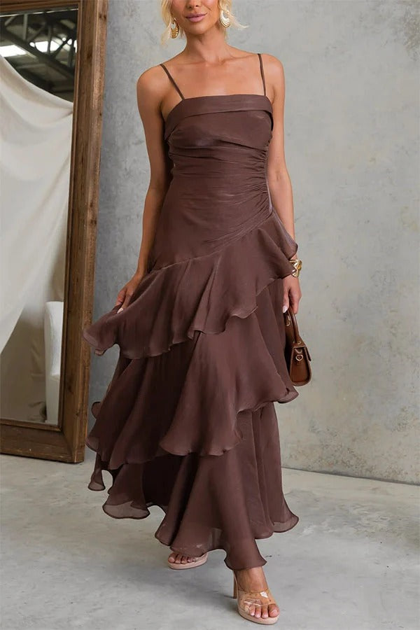 Arlow Multi-layered Ruffles Square Neck Slip Maxi Dress