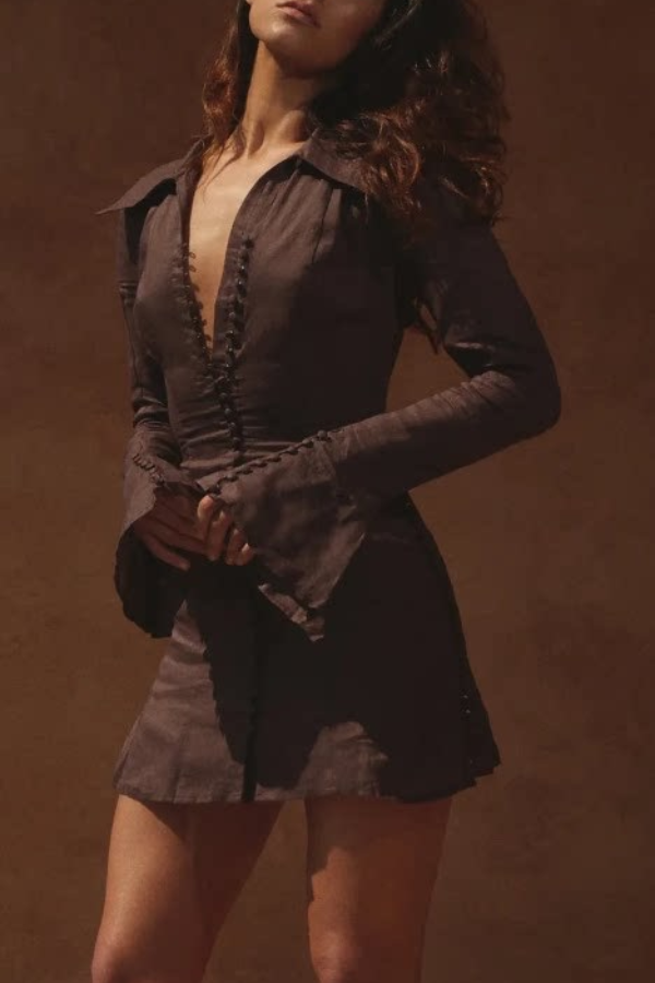 Vintage Collared Button‑Front Flare Sleeve Fitted Mini Dress