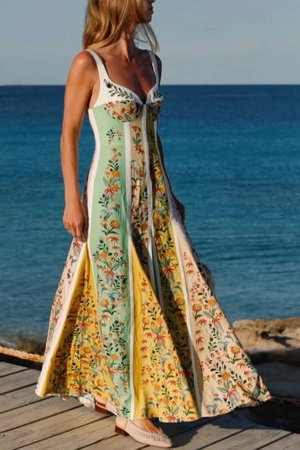 Sweet Garden Linen Blend Color Block Floral Paneled Maxi Dress
