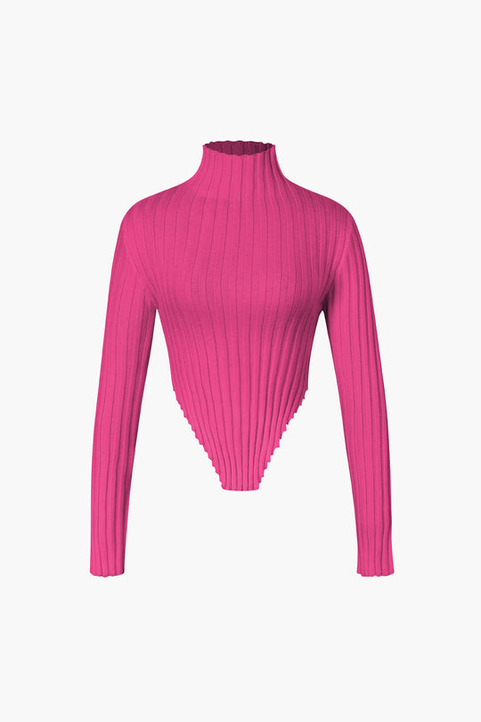 Asymmetric Lettuce Trim Knit Mock Neck Top