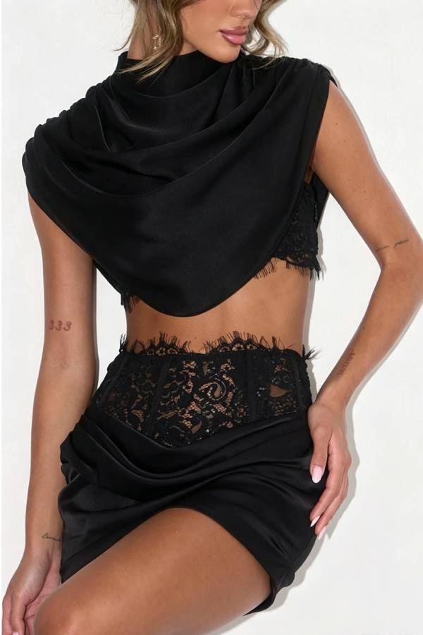Tanya Satin High Neck Ruched Crop Top and Lace Cinched Waist Sequin Detail Mini Skirt Set