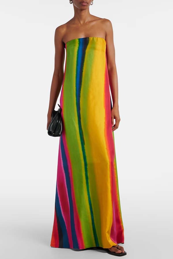 Artistic Rainbow Satin Watercolor Print Off Shoulder Pocketed H-line Maxi Dress