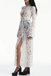 Garcelle Floral Lace Lace-up Long Bell Sleeve Slit Midi Dress