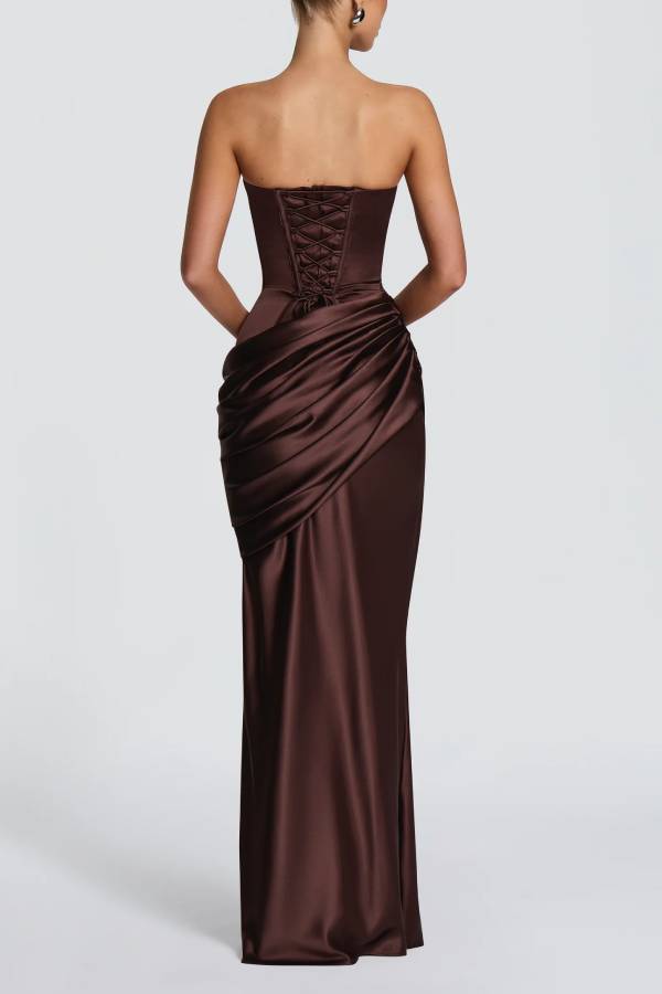 Ella Satin Detachable Asymmetric Off Shoulder Drape Panel Back Lace-up Maxi Dress
