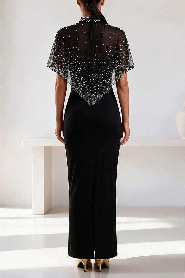 Grace Lady Sheer Pearl Details High-neck Cape Maxi Dress