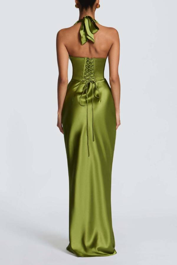 Deep V Halter Satin Waisted Mermaid Evening Gown
