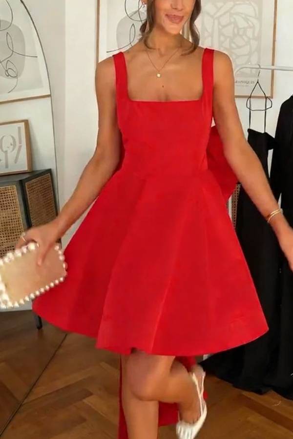 Red Drama Taffeta Square Neck Back Oversized Bow Pocket Mini Dress