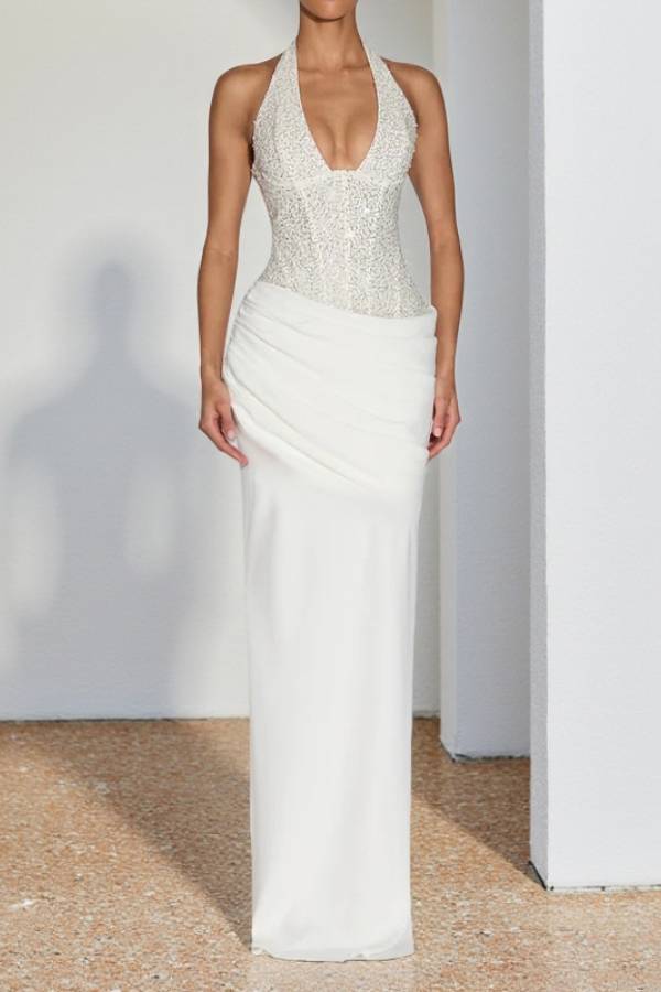 Halter-neck sequined bodycon mermaid evening dress
