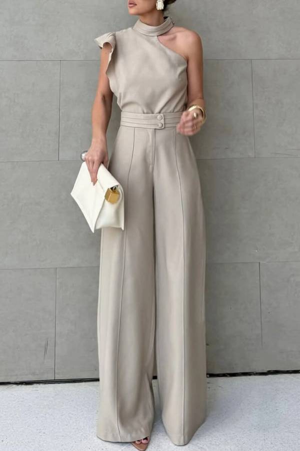 Fashionable One-shoulder Ruffled Top and Casual Simple Straight-leg Suit Pants Set