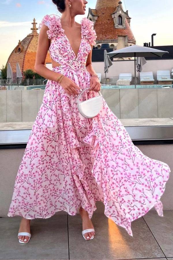 Deep V-neck Floral Hollow Maxi Dress
