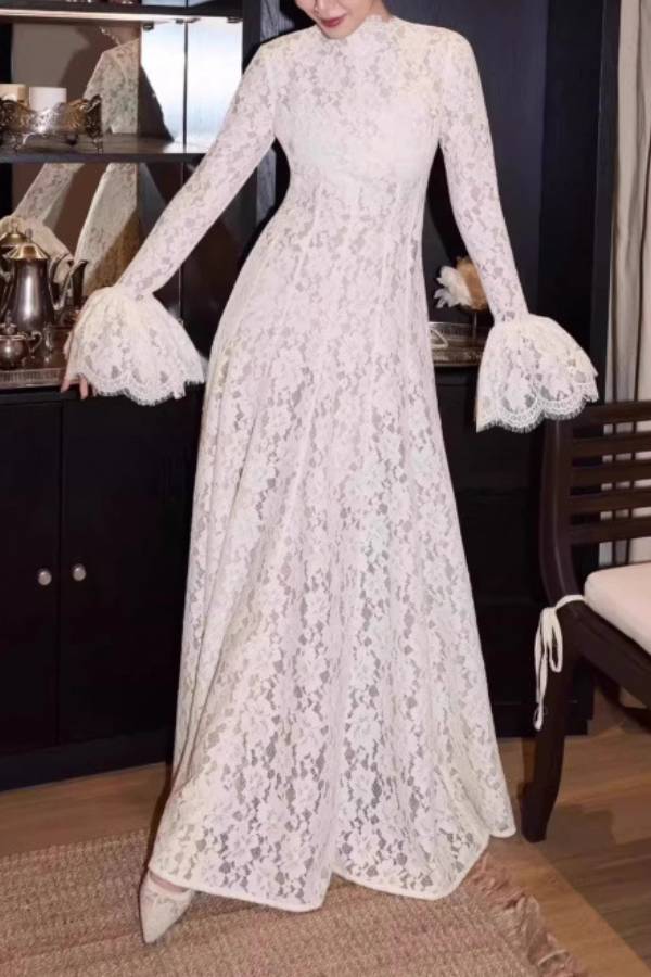 High Neck Flare‑Sleeve Lace Long Evening Dress