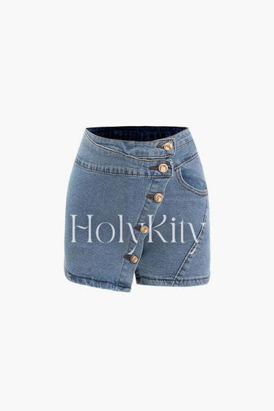 Asymmetric Wrap Denim Shorts