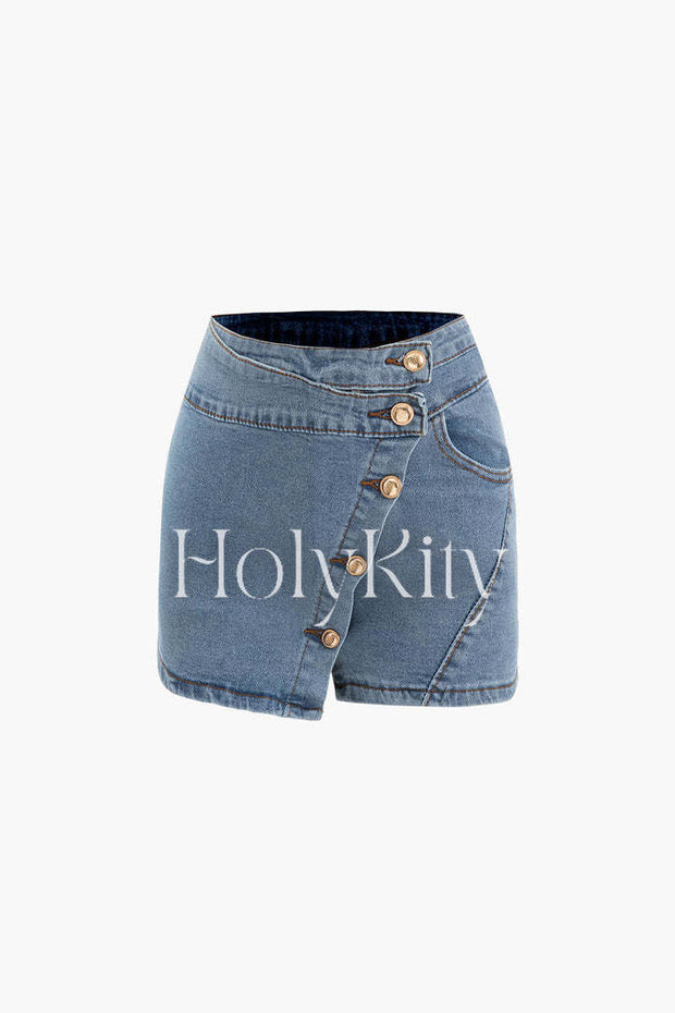 Asymmetric Wrap Denim Shorts