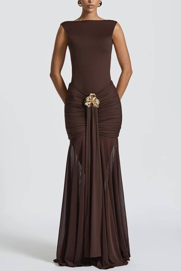 Boat Neck Open Back Metallic Flower Ruched Mesh Mermaid Maxi Gown