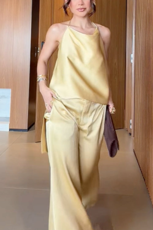 Sleeveless Open Back Top and Balloon Pants Satin Set