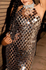 ROUNDED SEQUINS RHINESTONE STAND COLLAR BACKLESS BODYCON PARTY MINI DRESSES