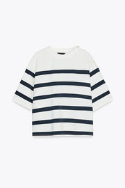 Logbook Stripe Button Shoulder T-Shirt and High-Rise Pocketed Loose Shorts Set