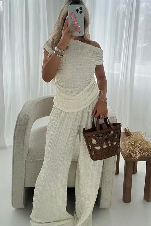 Skew Neck Asymmetric Top Wide Leg Textured Pants Matching Set