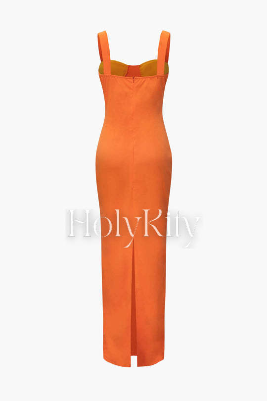 Contrast Bust Square Neck Slit Maxi Dress