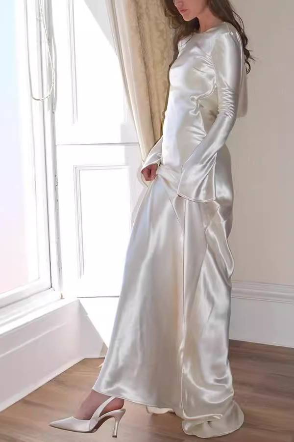 Satin Cowl-Back Long-Sleeve Fitted Mermaid Gown