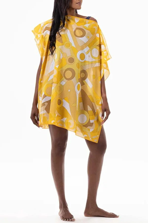 Colorful Circle Unique Print One Shoulder Button Detail Loose Cover-up Mini Dress