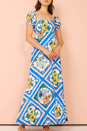 Art Blue Square Collar Print Linen Long Dresses Summer