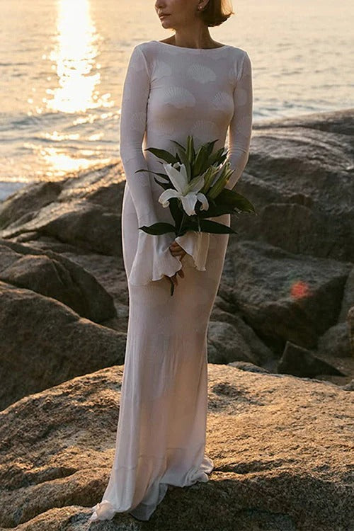 Bell Long Sleeves Backless Lace-up Shell Print Maxi Dress