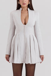 Deep V Neck Long Sleeve Cinch Waist Pleated Mini Dresses-Grey [Pre Order]