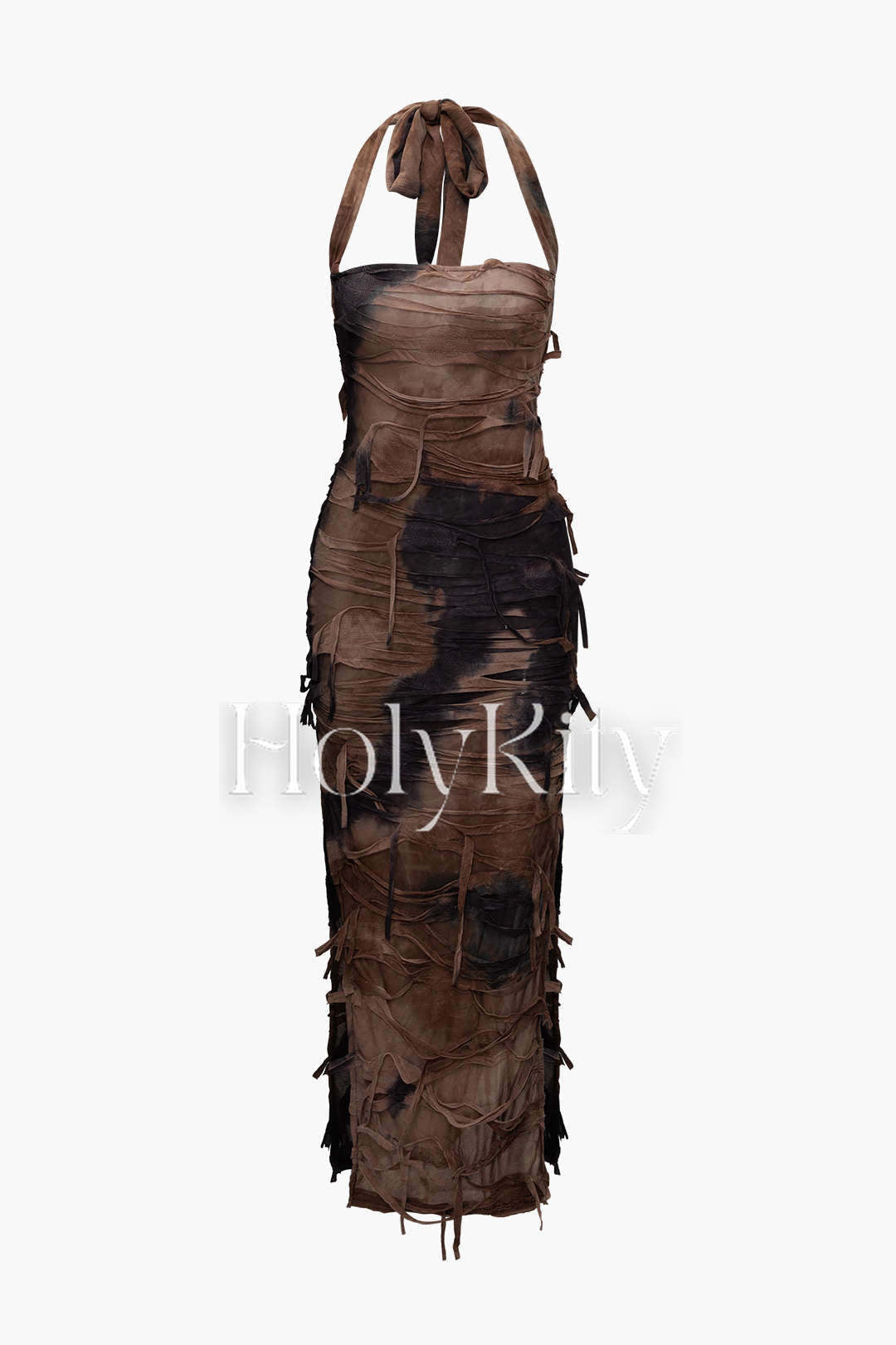Tie Dye Distressed Mesh Slit Halter Maxi Dress