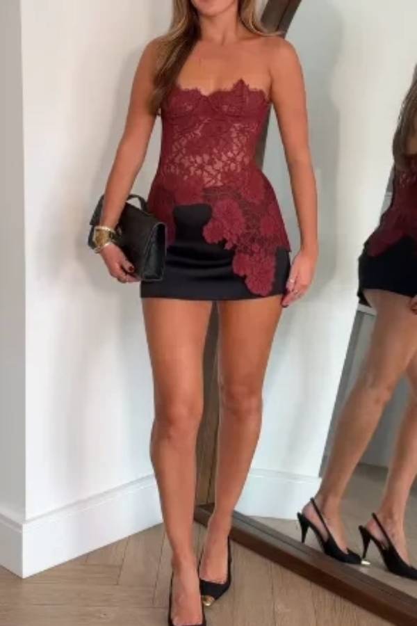 Strapless Floral Lace Corset Top with Scalloped Sweetheart Neckline and Asymmetric Hem