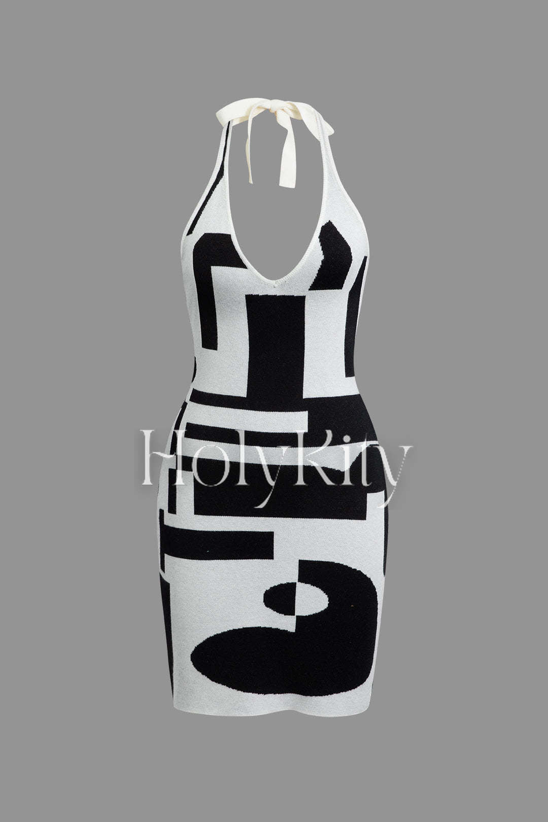 Mini-robe en tricot à motif contrasté, col en V, nouée et dos nu 