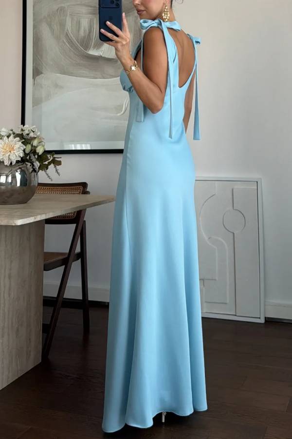 Bow Strap Deep V Satin Maxi Evening Dress