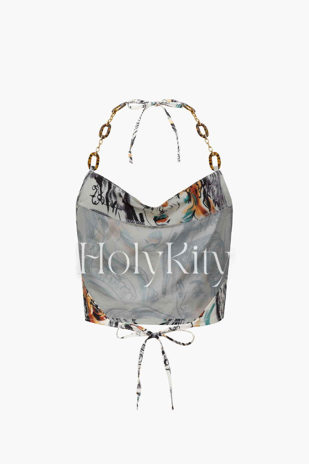 Neckholder-Top mit Wasserfallausschnitt und Gesichtsdruck 
