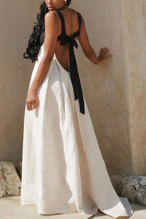Jordina Linen Blend Colorblock Cups Backless Tie-up Loose Maxi Dress