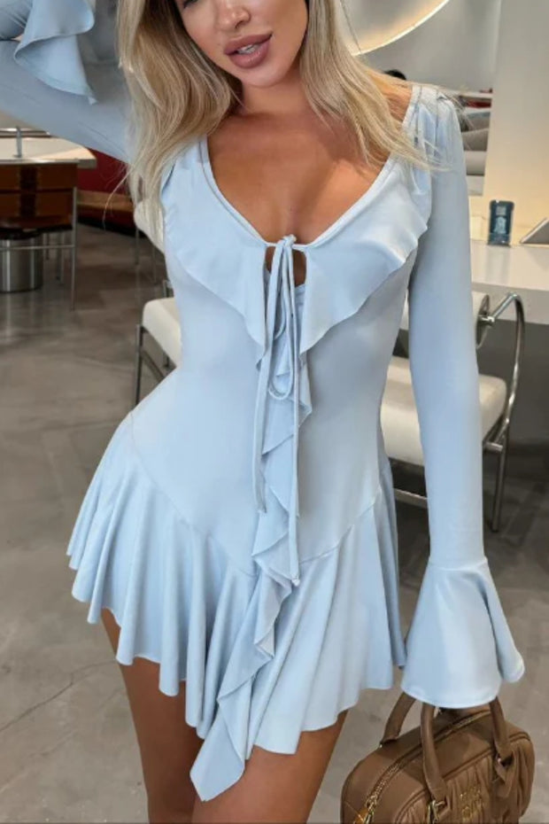 V-neck Tie Stitching Ruffled Mini Dress
