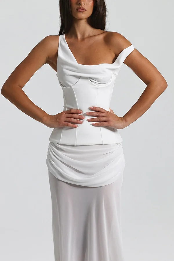 Sculptural Elegance One Shoulder Removable Corset Drape Maxi Dress