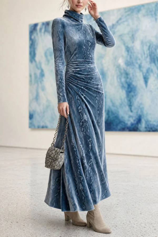 Blue Snake Print Velvet Turtleneck Long Sleeve Maxi Dress