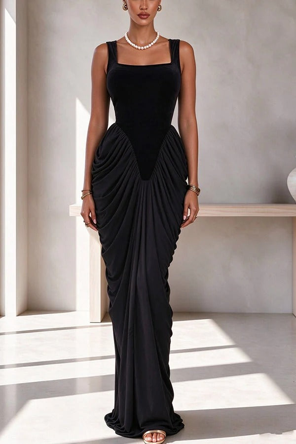 Eira Velvet Square Neck Ruched Drape Hem Maxi Dress
