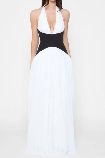 Fashionable Color Matching Sexy Halter Neck Waist Maxi Dress