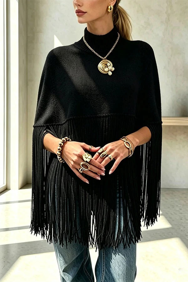 Adriana Knit Crew Neck Tassel Hem Loose Cape Sweater