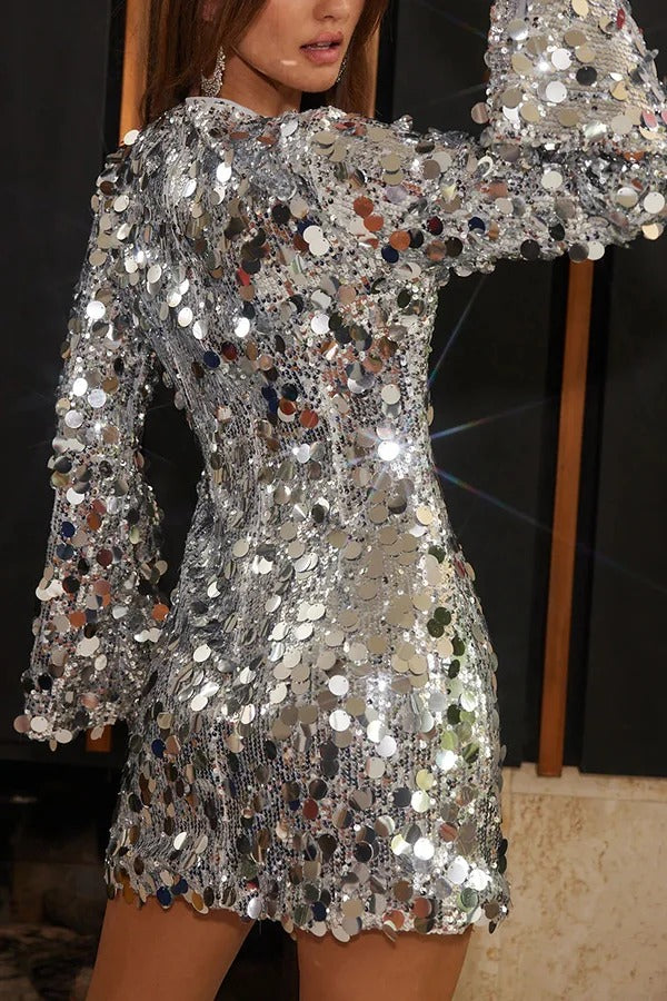 Fashionable and Dazzling Large Sequins Long Bell Sleeve H-line Mini Dress