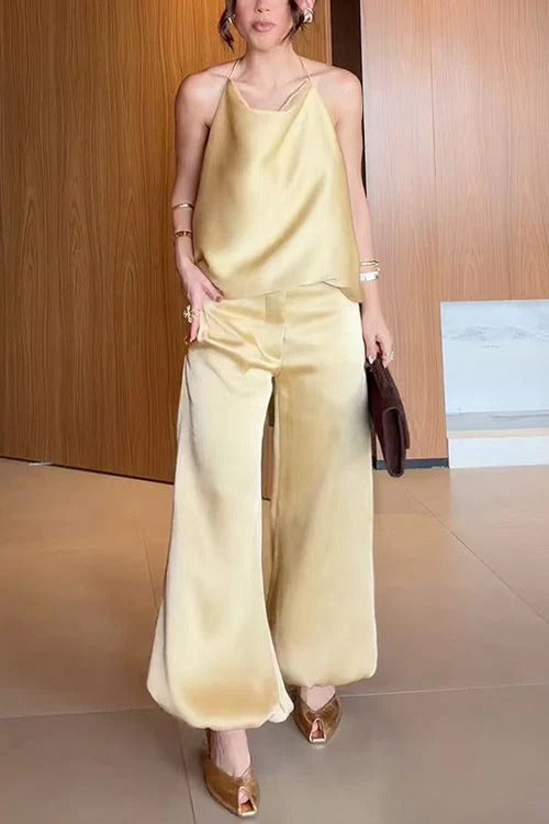 Sleeveless Open Back Top and Balloon Pants Satin Set