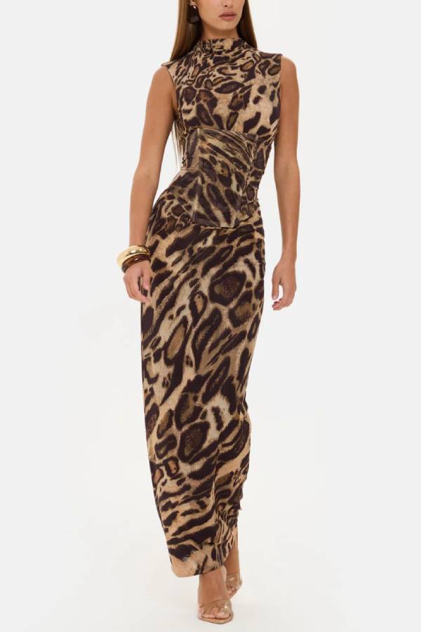 Leopard Print High-Neck Sleeveless Maxi Dress