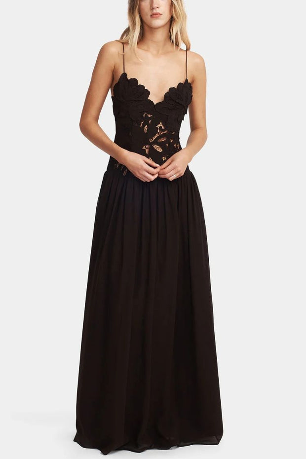 Stephanie Flower Crochet Lace Bust Chiffon Fluffy Hem Maxi Dress