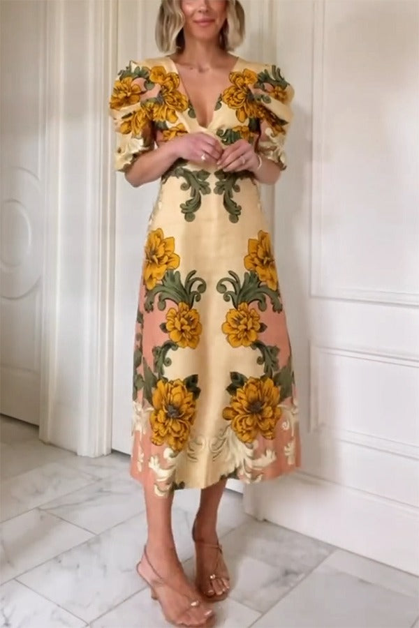 Flower Vine Linen Blend Unique Print Twist Cutout Neck Puff Sleeve Midi Dress