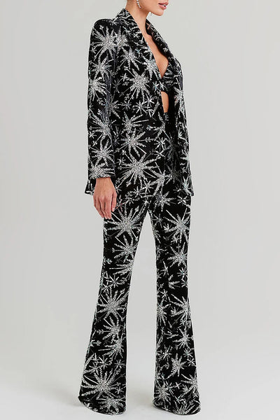 RHINESTONE ABSTRACT STARS NOTCH LAPEL BLAZER FLARED PANTS MATCHING SET