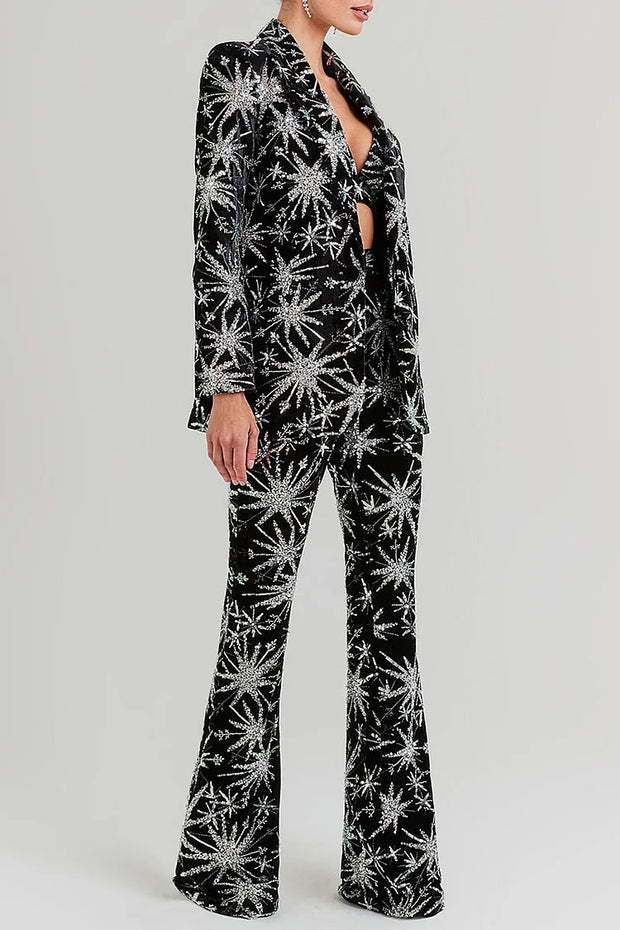 RHINESTONE ABSTRACT STARS NOTCH LAPEL BLAZER FLARED PANTS MATCHING SET